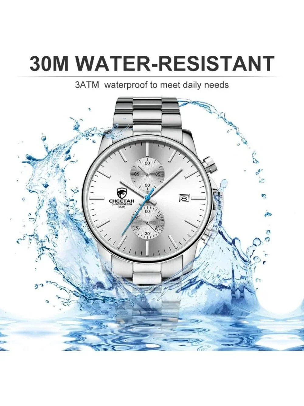 Men's Silver Classic Stainless Steel Waterproof Chronograph Quartz Round Watch
